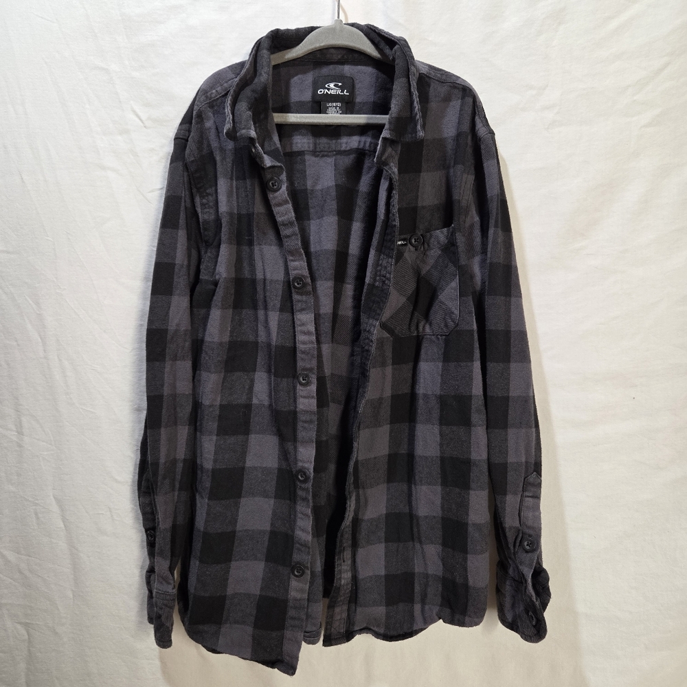 O'Neill Boys Size Lg 10-12 Black and Gray Plaid Button Down Cotton Shirt